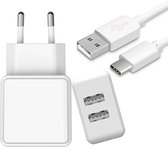 Adapter met 2 USB Poorten + USB naar Type C Kabel - 2 Meter - Oplader A54,A53,A52,A13,A14,A22,A23,A24 - 12W Snellader - Wit