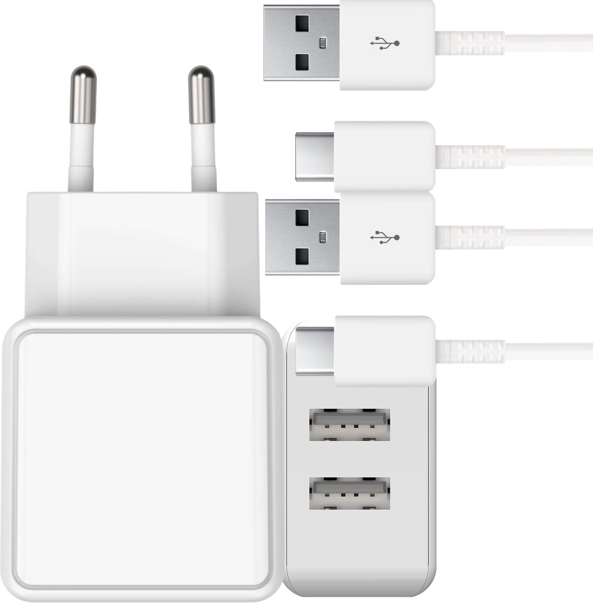 Oplader voor Galaxy A15, A25, A35, A55, A54, A34, A33, A24, A23, A14, A13, A52, A53 - Usb Adapter - 2 Poorten - Usb-C naar usb-A Kabel - 2 Meter