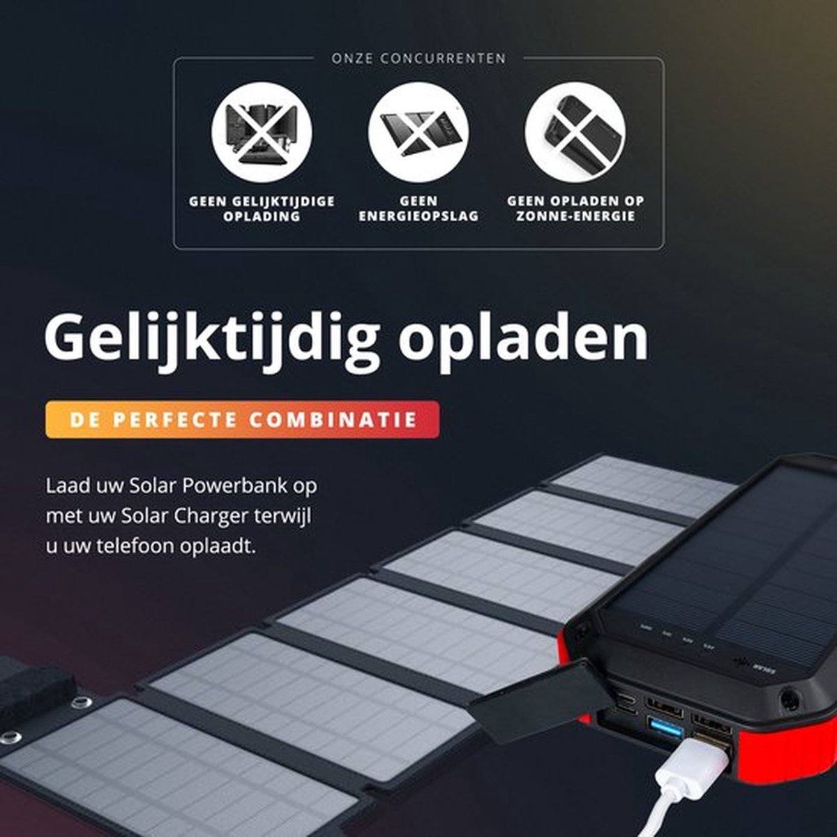 Lideka® Powerbank 30000 mAh Charger - met kompas - met Solar Panel Functie op Zonneenergie - 4x USB - USB C - Snel & Draadloos Opladen - Outdoor - Iphone en Samsung en Apple - Zwart