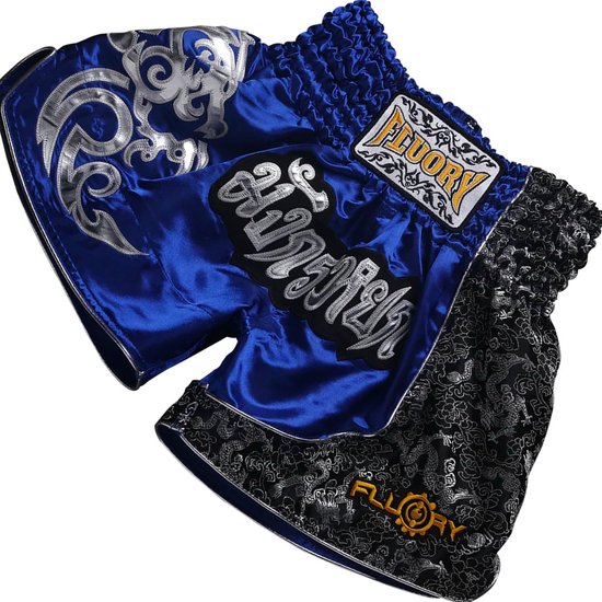 Fluory Muay Thai Short Kickboks Broek Blauw Zilver maat XS