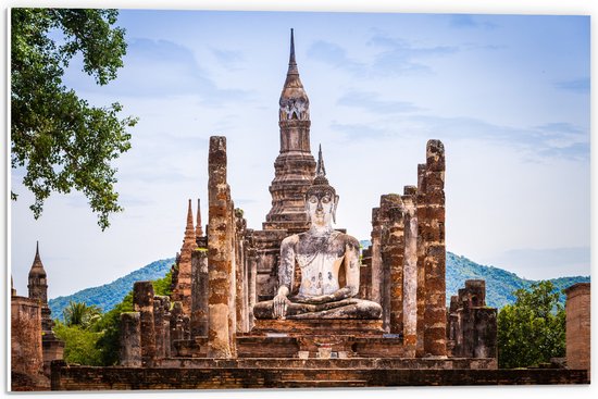 PVC Schuimplaat- Grote Buddha op Wat Mahathat Tempel voor Berg in Ayutthaya, Thailand - 60x40 cm Foto op PVC Schuimplaat