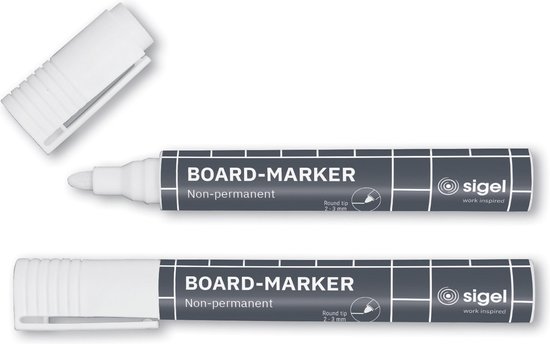 Twee witte Sigel boardmarkers met grijze opdruk en ronde punt (2-3 mm).