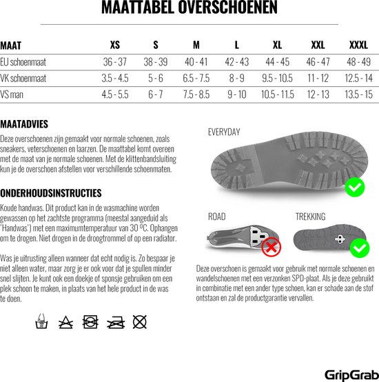 Maattabel en onderhoudsinstructies voor de zwarte fietsoverschoenen.