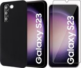 Hoesje geschikt voor Samsung Galaxy S23 - Screen Protector GlassGuard - Back Cover Case SoftTouch Zwart & Screenprotector