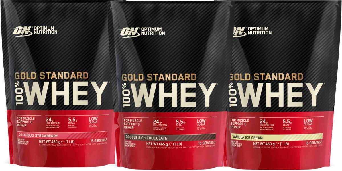 Optimum Nutrition Gold Standard 100% Whey Protein Bundel - Proteine Poeder - Chocolate, Strawberry, Vanilla - 45 doseringen (3x465 gram)