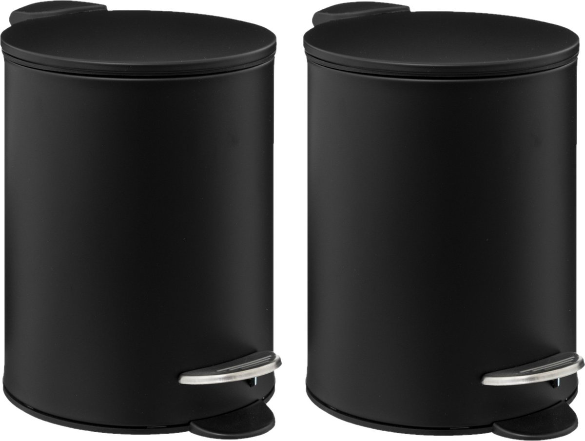 Goedkoopste 5Five Pedaalemmer - 2x - zwart - metaal - 3L - 23 cm - soft close - voor badkamer en toilet