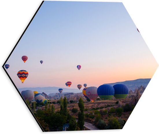 Dibond Hexagon - Lucht Vol Hete Luchtballonnrn boven Landschap in de Avond - 30x26.1 cm Foto op Hexagon (Met Ophangsysteem)