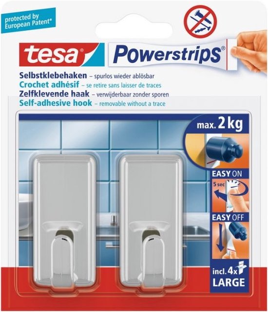 Tesa Powerstrips Haken Large - Chroom - 2 Stuks