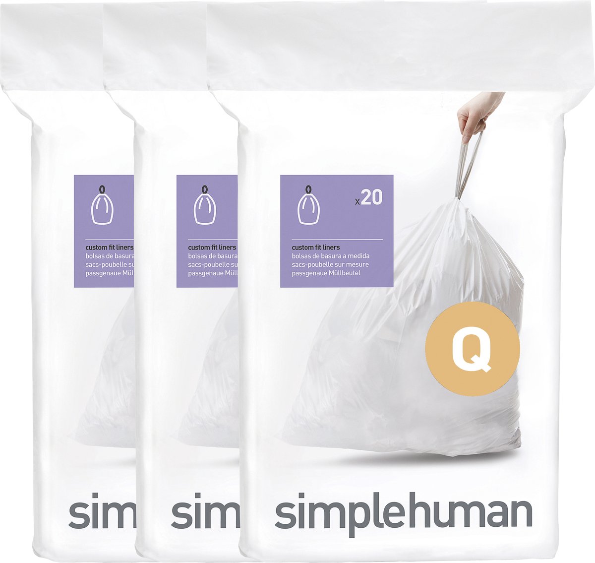Simplehuman Code Q Afvalzakken - 65 liter - 60 stuks - met Trekband - Wit