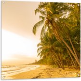 Tuinposter – Kokosnoot Palmbomen aan het Strand tijdens Felle Zonsopkomst - 100x100 cm Foto op Tuinposter (wanddecoratie voor buiten en binnen)