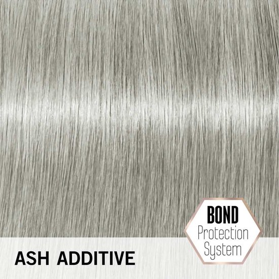 Kleurstaal 'Ash Additive' met zilveren haartinten en Bond Protection System logo.