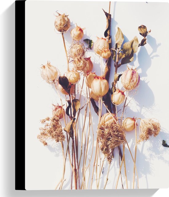 Canvas - Stapel Gedroogde Bloemen met Schaduw tegen Witte Achtergrond - 30x40 cm Foto op Canvas Schilderij (Wanddecoratie op Canvas)