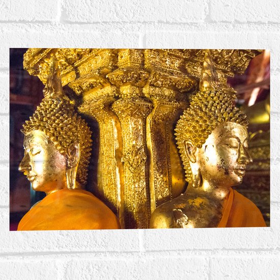 Muursticker - Pilaar met Gouden Boeddha's en Details - 40x30 cm Foto op Muursticker