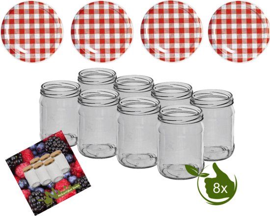 Bocaux en verre de 500 ml avec couvercles à carreaux rouge et blanc. Set de 8.