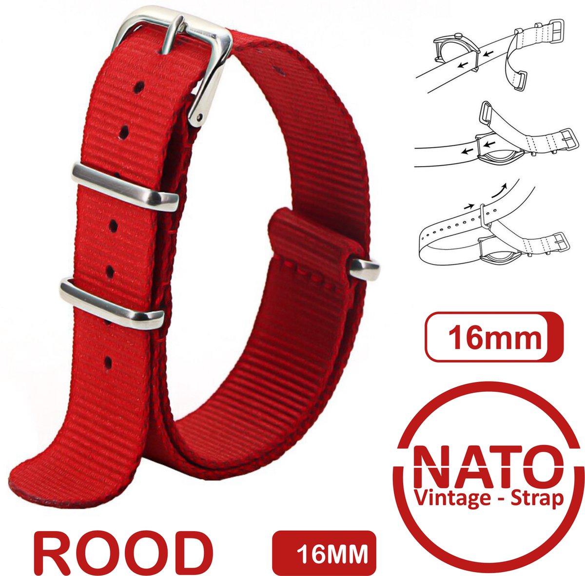 16mm Premium Nato Strap Rood - Vintage James Bond - Nato Strap collectie - Mannen - Vrouwen - Horlogeband - 16 mm bandbreedte voor oa. Seiko Rolex Omega Casio en Citizen