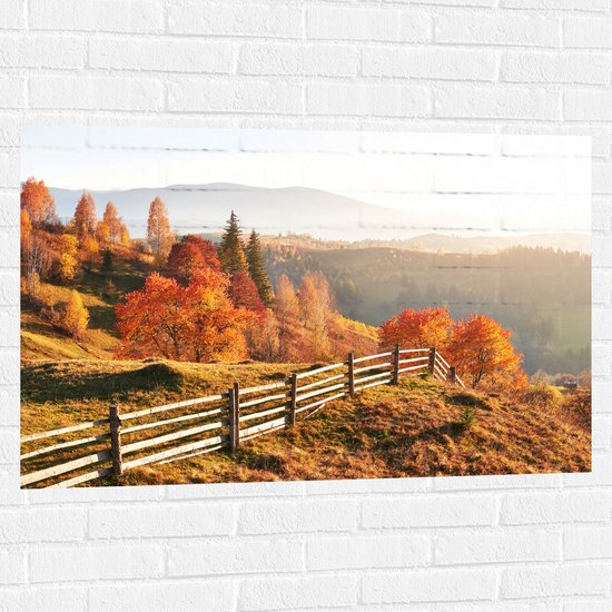 Muursticker - Hek langs Herfstbomen in Berglandschap - 105x70 cm Foto op Muursticker