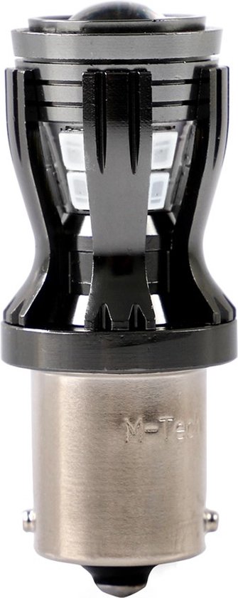 Zwarte M-Tech LED-lamp met zilverkleurige voet en details.