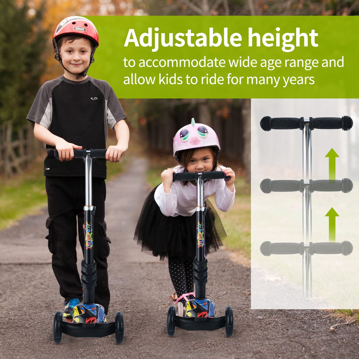 Trottinette 3 en 1 pour enfant avec siège amovible et roues lumineuses LED  | Hauteur réglable avec frein arrière pour tout-petits, garçons et filles à