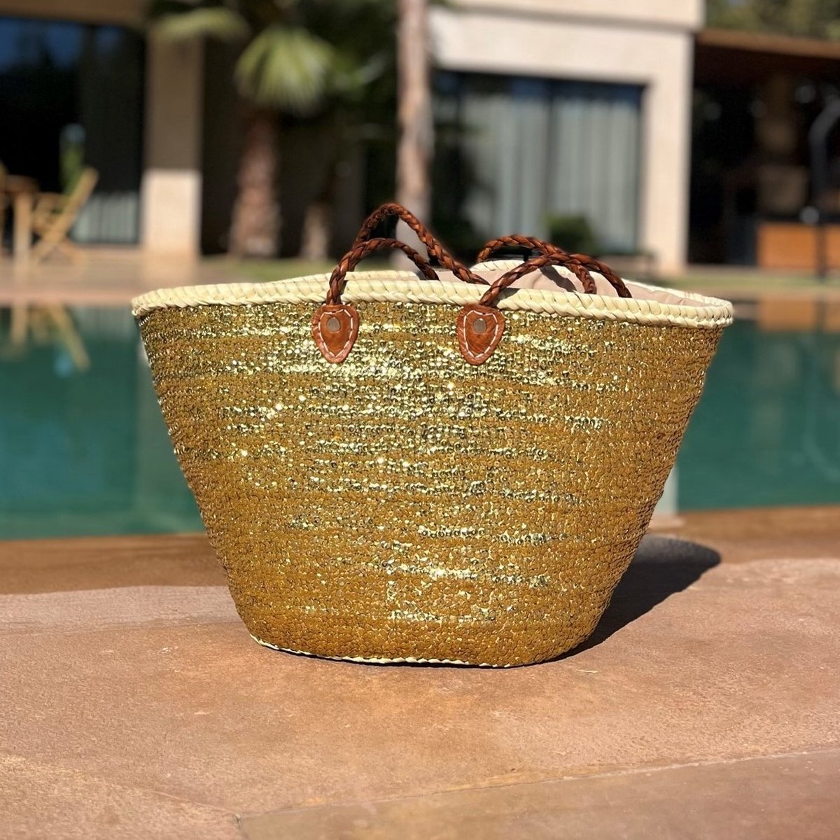 Bohemida- Rieten Tas - Boho Ibiza Shopper tas/Strandtas - Goud pailletten - Boodschappentas - Mandtas – Boodschappenmand - Afsluitbaar