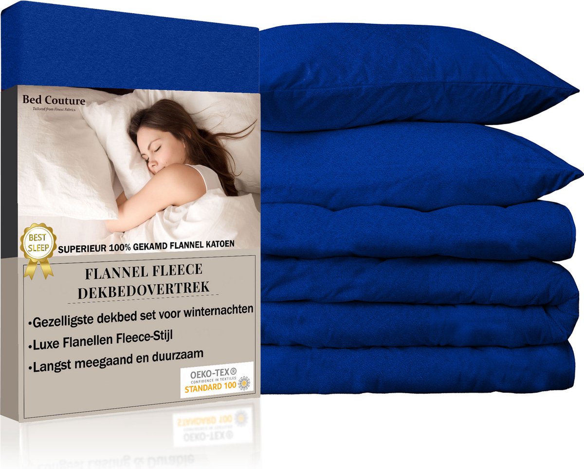 Bed Couture - Flanel Fleece Dekbedovertrek set - 100% Katoen Extra zacht en Warm - 240x220 + 2 kussenslopen 50x70 - Koningsblauw