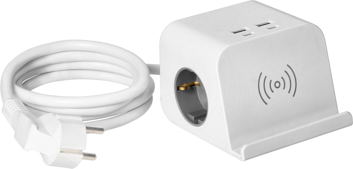 HOMEPROTEK USB Stekkerdoos Kubus met Draadloze Oplader, 7 in 1 Zwart Verlengsnoer met Stekkerdoos met USB C, USB A, 3 Stopcontacten, Draadloze Oplader en Aan/Uit Schakelaar