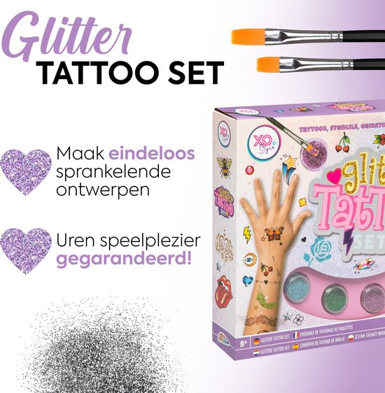 Grafix Mega Glitter Tattoo Set | Glitter Tattoos | 4 kleuren | Met lijm & Kwast | 36 Tattoos | Plak tattoos voor Kinderen - JOYA CREATIVE