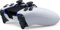 Zijaanzicht van de witte en zwarte DualSense Edge controller met blauwe accentverlichting.