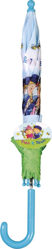 Gesloten kinderparaplu met blauwe haak en Fien & Teun boerderijprint, met bijtjes.