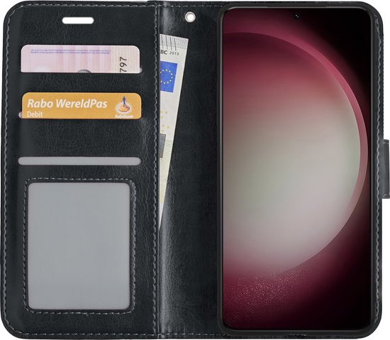 Samsung Galaxy S23 flip cover hoesje zwart kunstleer met pasjeshouder, portemonnee en verstelbare kijkhoeken