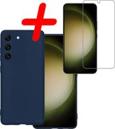 Hoes Geschikt voor Samsung S23 Hoesje Siliconen Back Cover Case Met Screenprotector - Hoesje Geschikt voor Samsung Galaxy S23 Hoes Cover Hoesje - Donkerblauw
