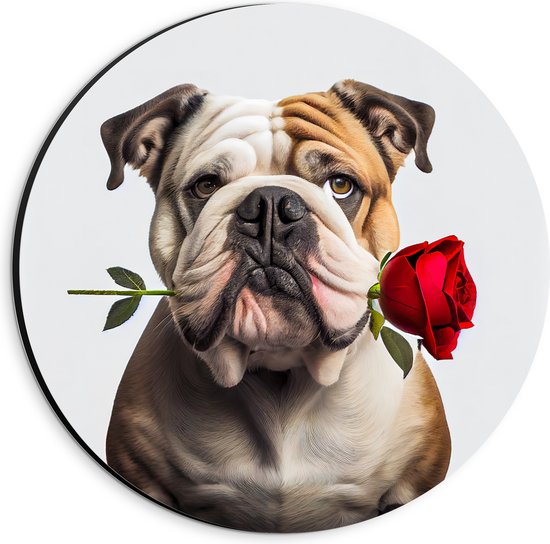 Dibond Muurcirkel - Romantische Franse Bulldog Hond met Roos tegen Witte Achtegrond - 20x20 cm Foto op Aluminium Muurcirkel (met ophangsysteem)