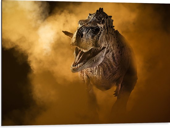 Dibond - Angstaanjagend T-rex Dinosaurs vanuit Oranje Mist - 80x60 cm Foto op Aluminium (Wanddecoratie van metaal)