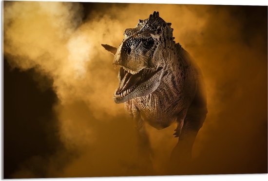 Acrylglas - Angstaanjagend T-rex Dinosaurs vanuit Oranje Mist - 90x60 cm Foto op Acrylglas (Wanddecoratie op Acrylaat)