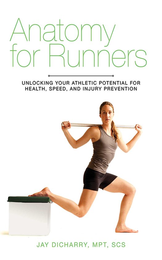Boek "Anatomy for Runners" met een vrouw die een halve split doet met een staaf boven haar hoofd.