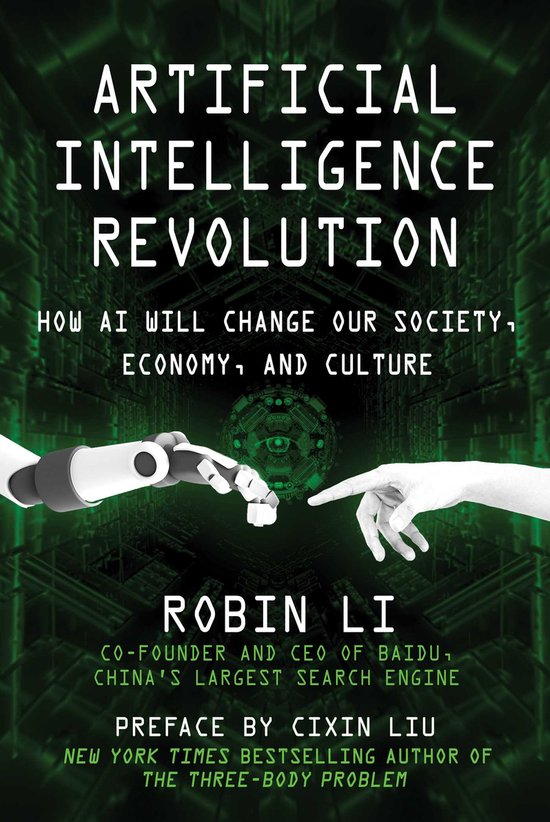 Couverture du livre 'Artificial Intelligence Revolution' avec des mains de robot et humaines se rapprochant sur un fond vert lumineux avec du texte.