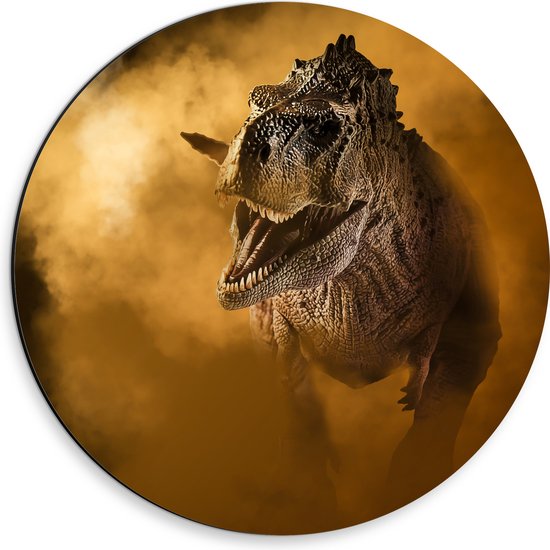 Dibond Muurcirkel - Angstaanjagend T-rex Dinosaurs vanuit Oranje Mist - 30x30 cm Foto op Aluminium Muurcirkel (met ophangsysteem)
