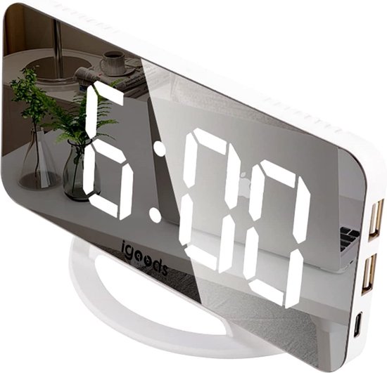 Wekker numérique IGOODS - Horloge LED numérique - Réveil LED - Miroir - Wit