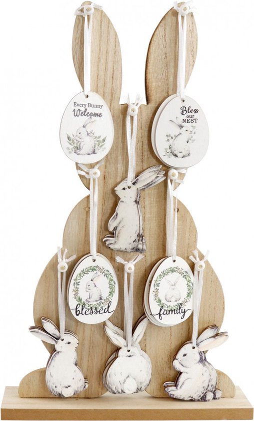 6 Hangertjes Paas versiering - Hangertjes Konijntjes - hanger: 7x5cm- BUNNY DISPLAY NIET INBEGREPEN