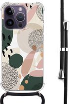 Hoesje met koord - Geschikt voor iPhone 14 Pro Max - Abstract print - Verstelbaar zwart koord - Transparant, Beige - Print / Illustratie - Leuke Telefoonhoesjes
