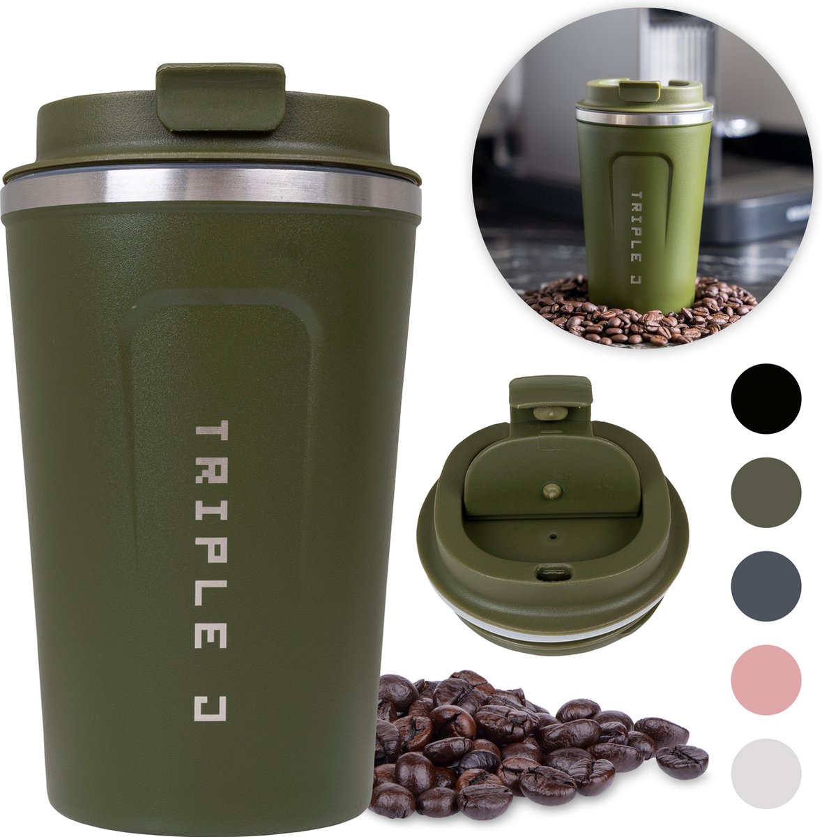 Triple J® Koffiebeker Thermosbeker To Go - Perfecte Koffiemok Onderweg - BPA & Lekvrij - 380ml - Groen