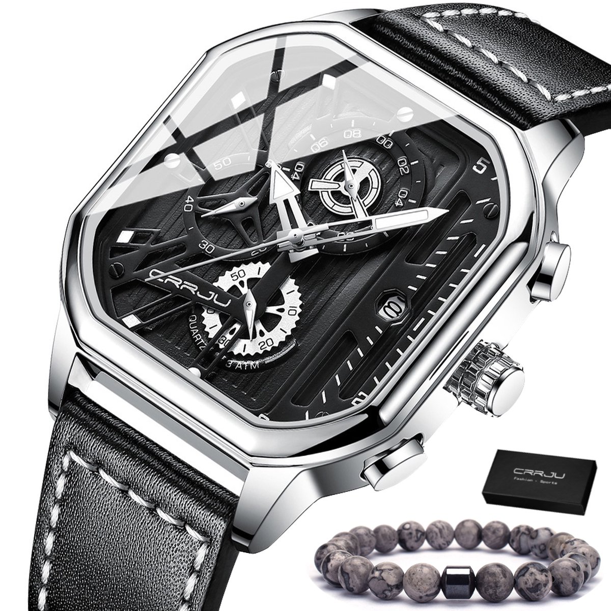 CRRJU Horloge Heren Horloges voor Mannen Watch Herenhorloge - Incl. Armband & Horlogebox Geschenkdoos - Zwart Zilver