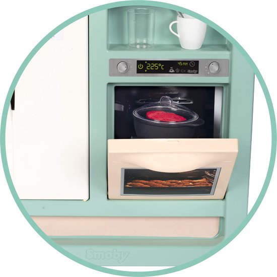 Close-up van de Smoby speelkeuken met digitale timer op 2:25 C, een open oven met broodjes, en een gesloten oven met burger.