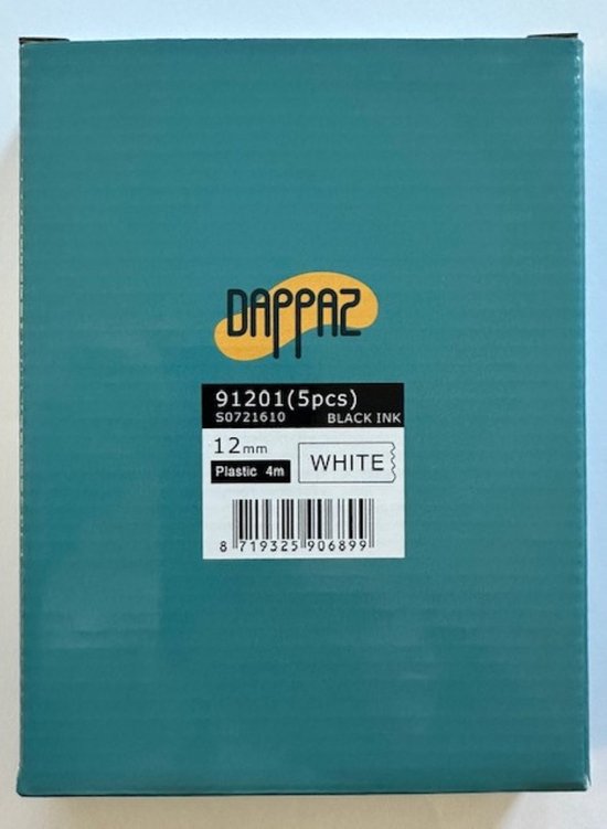 5 stuks Plastic Labels 91201 geschikt voor Dymo LetraTag Labelprinter - Zwart op Wit - 12 mm x 4 m - S0721610 Labeltape - Telano type Dappaz - Dappaz