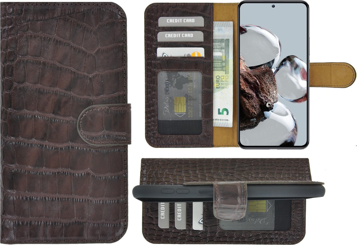 MoDo hoesje voor Xiaomi 12T/ 12T Pro - Echt Leer Book Case - Croco Chocoladebruin