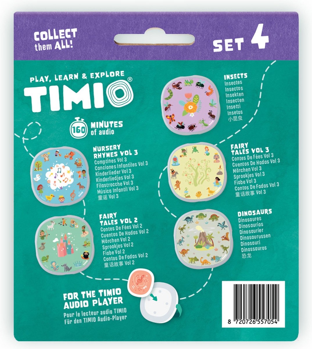 TIMIO Disk Set # 4: 5 Audio-Discs voor de TIMIO Player | Leer 96 Kinderliedjes Vol. 3, 12 Sprookjes Vol. 2, 12 Sprookjes Vol. 3, Dinosauriërs, Insecten | Alles in 8 Talen | Leerspeelgoed van 2-6 Jaar — afbeelding 3