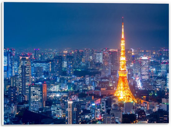 PVC Schuimplaat- Skyline in Tokio met Verlichte Tokiotoren - 40x30 cm Foto op PVC Schuimplaat