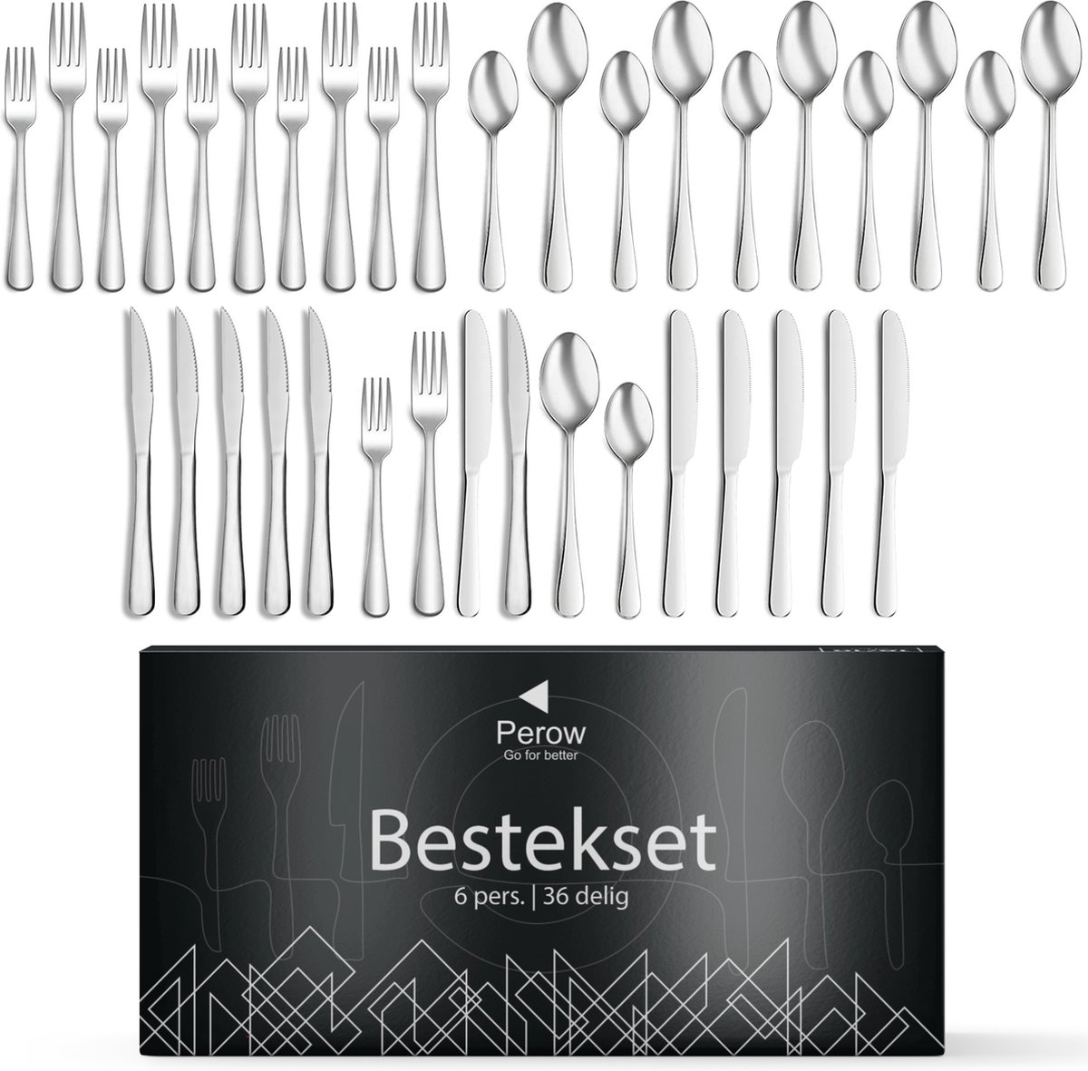 Perow 6 Persoons Bestekset – 36 Delig – 18/10 Edelstaal – Lepels Messen Vorken & Steakmessen – Vaatwasserbestendig – Zilver - Serviessets
