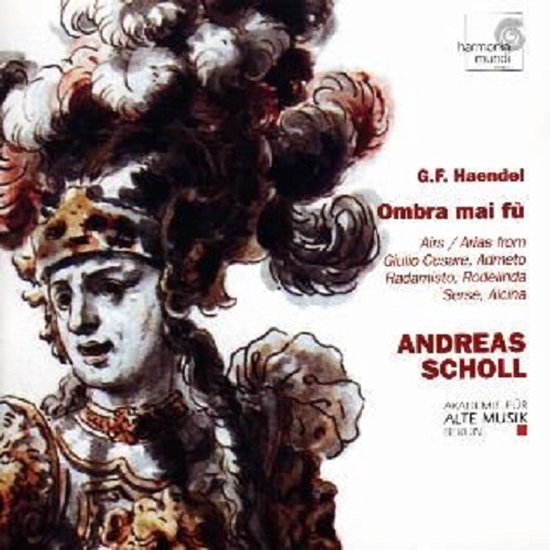 Albumhoes met G.F. Handel: Ombra mai fù. Met een afbeelding van een strijder met een grote, verfomde helm en harnas.