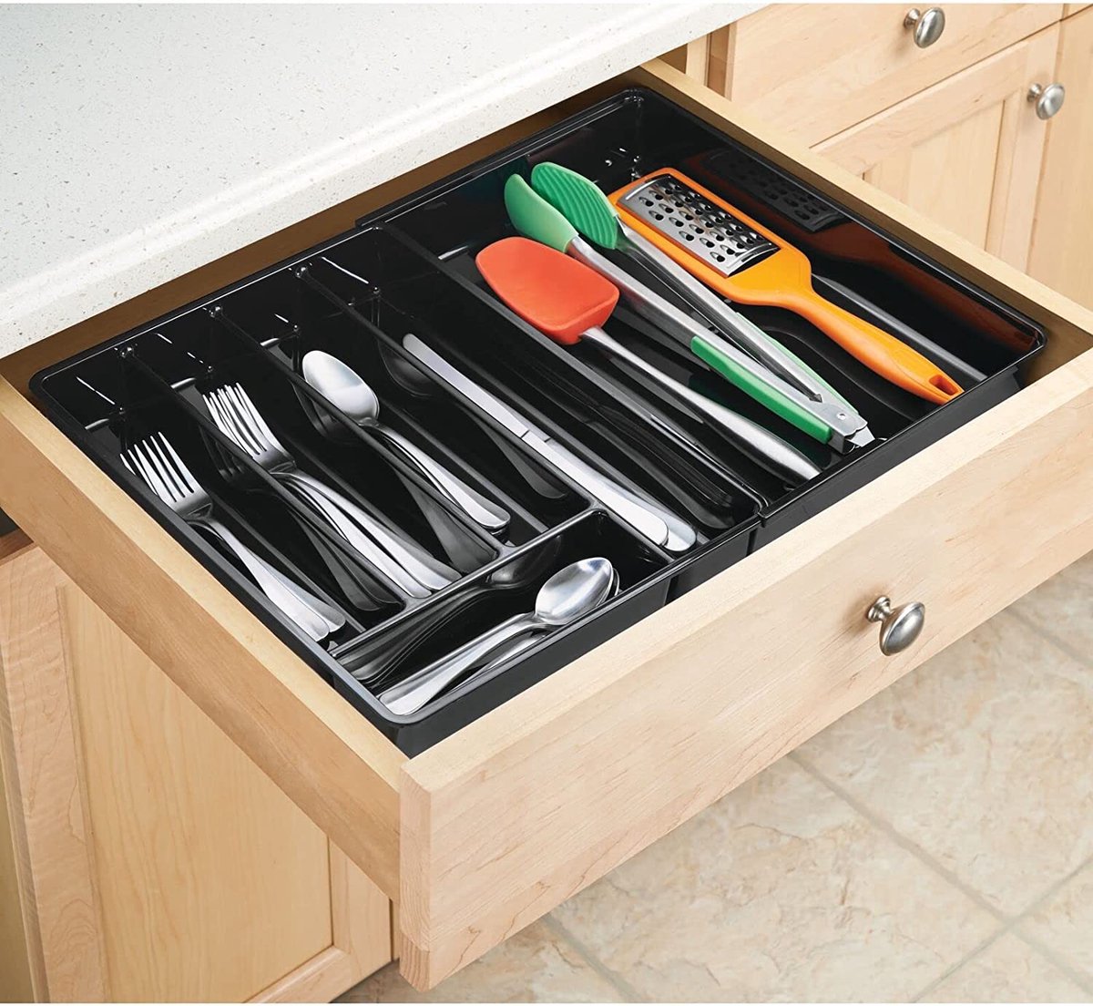 Decopatent® Besteklade - Met 5 Vakken - Bestekbak - Kunstof - Bestekbakken - Keukenla Bestek Organizer 26 X 31 X 45 Cm Grijs