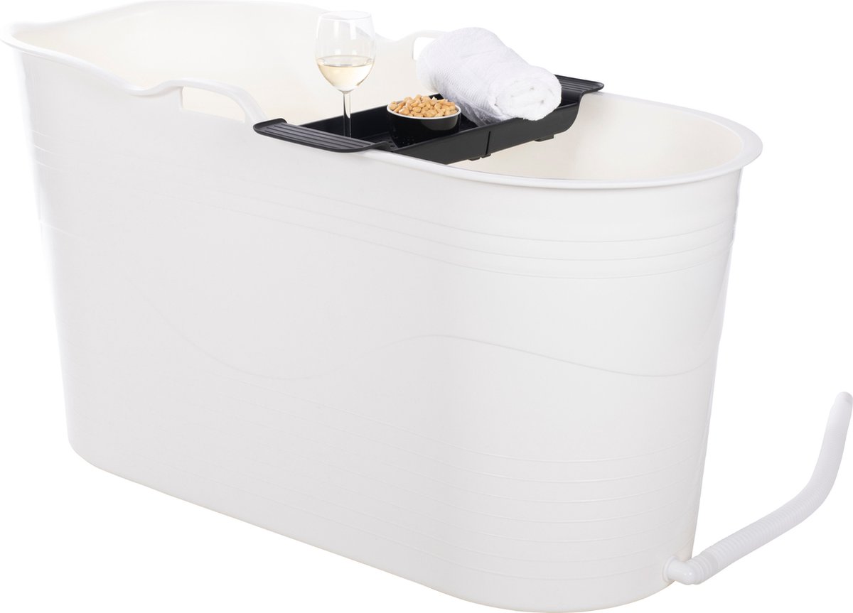 HelloBath® - Bath Bucket - L - 100 cm - Wit - Zitbad - Ligbad (Verzending in Doos) - incl. Badplank en Kraantje